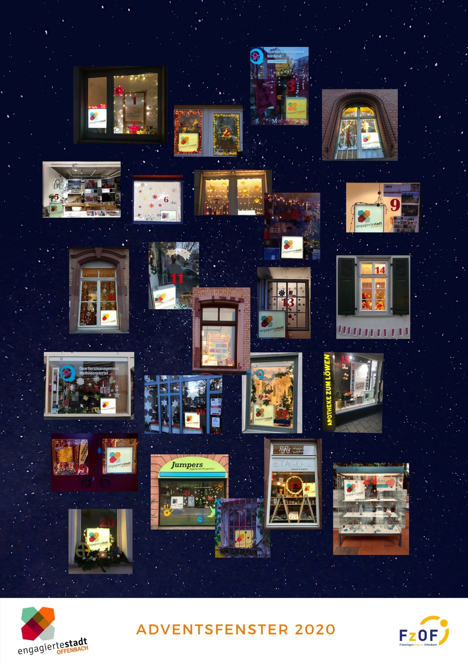 Collage mit 24 Fotos der dekorierten Adventsfenster